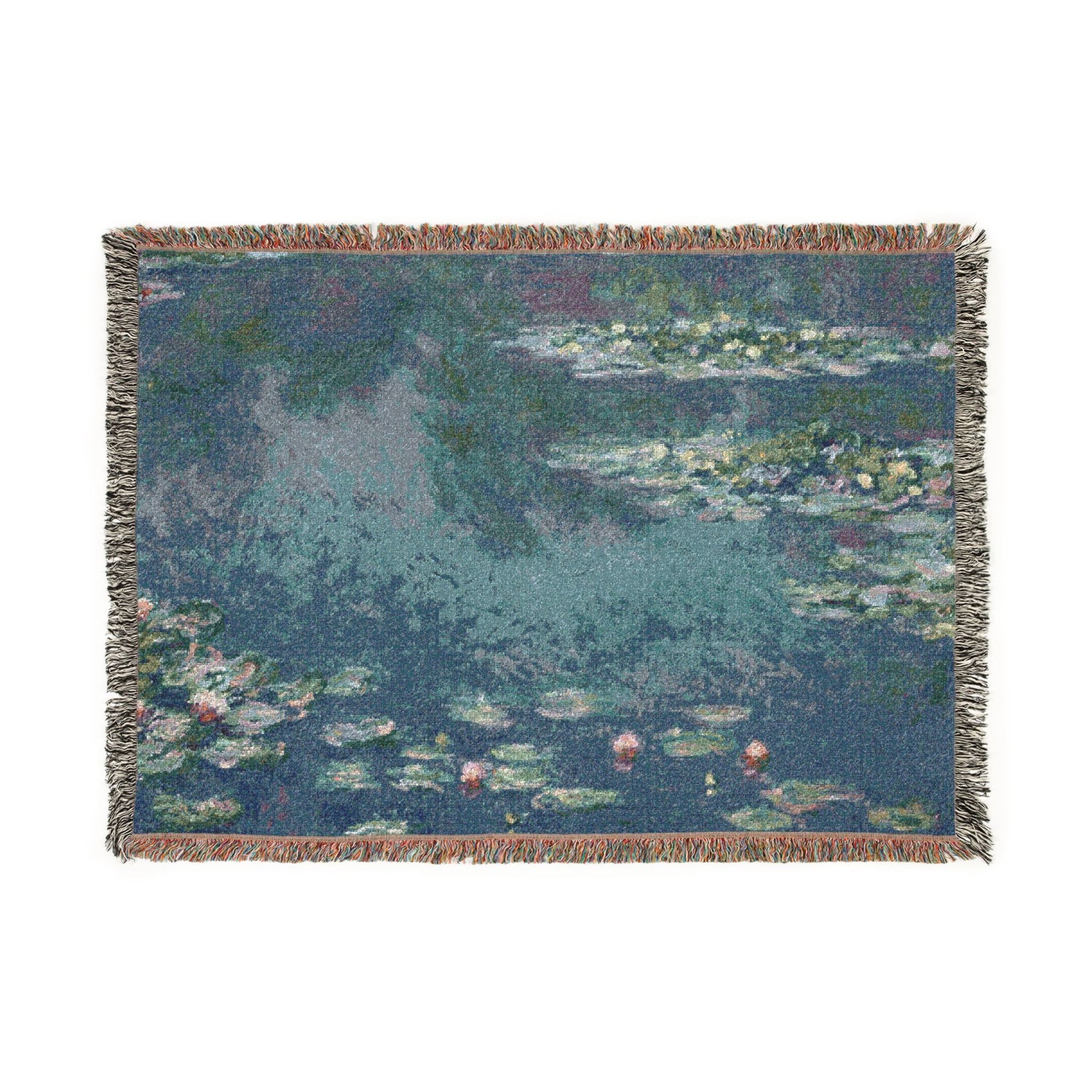 A rectangular woven throw blanket featuring a watercolor-style pond scene with lily pads and pink flowers, finished with fringed edges, shown on a plain white background.