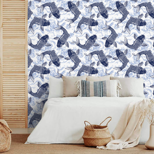 Koi Pond Serenity Wallpaper: Transform your space into a serene oasis with this enchanting design, featuring graceful koi fish swimming amidst tranquil waters and lush foliage, evoking a sense of peace and harmony.