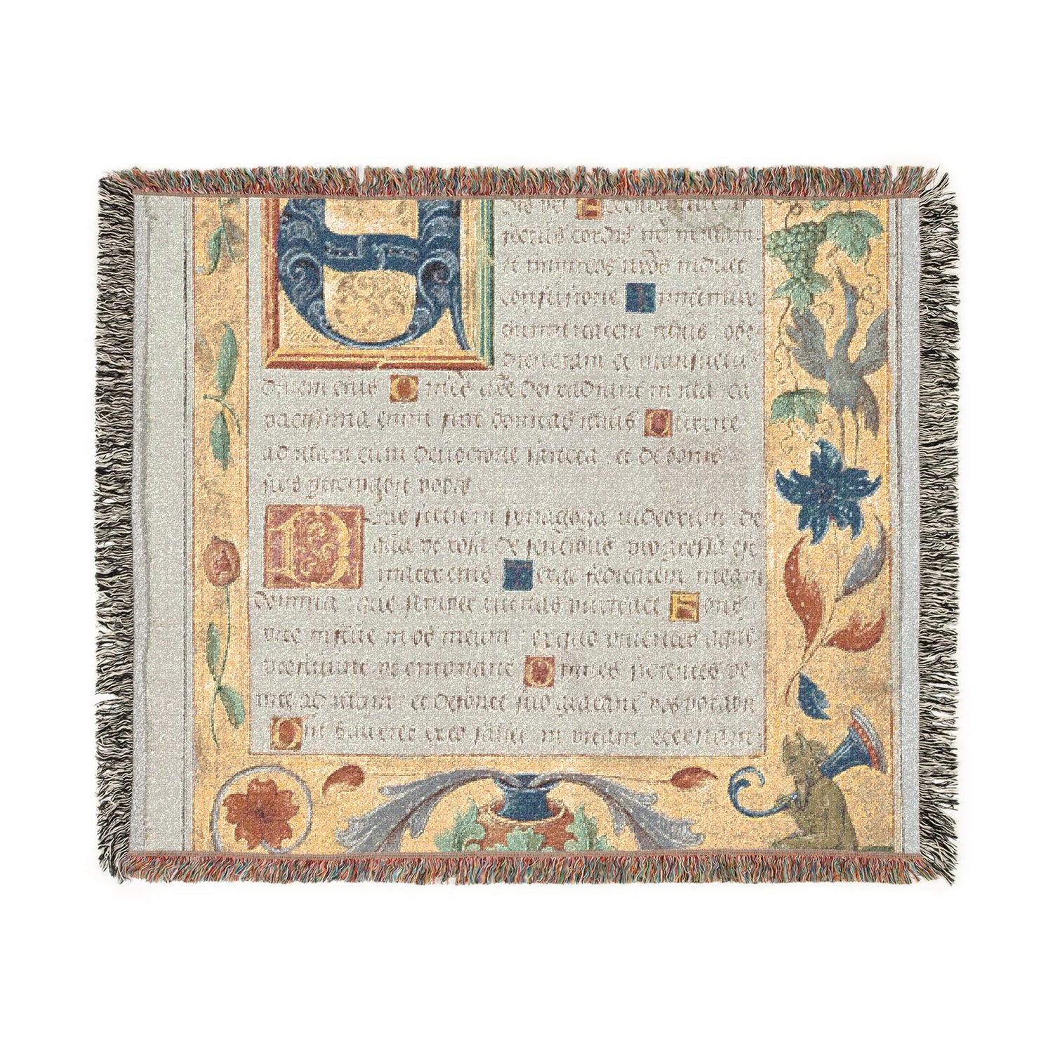 Leaf from a Psalter and Prayerbook: Initial E with Ornamental Border Containing a Seated Satyr and a Bird Eating Grapes (recto) Woven Throw