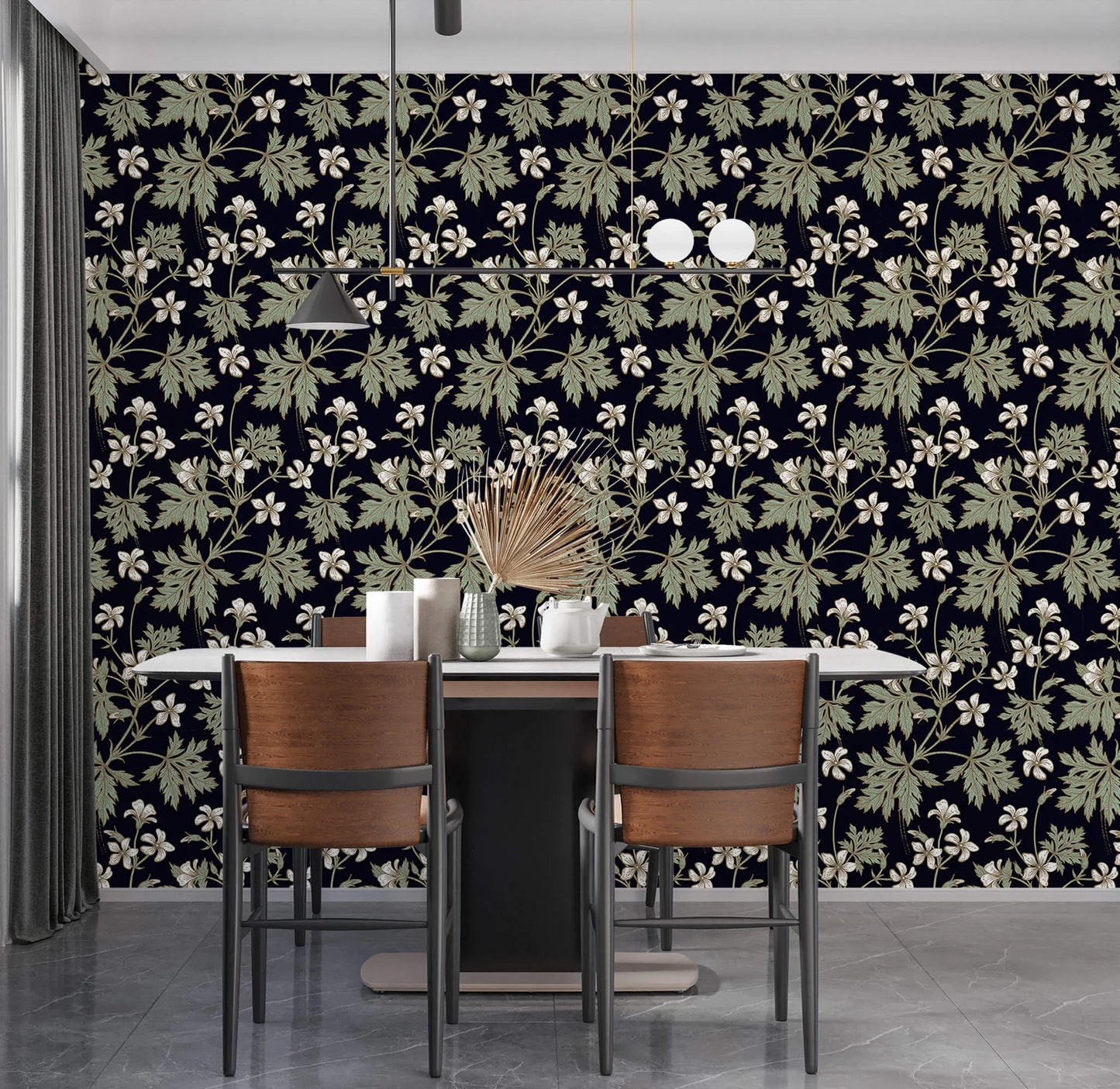 Vintage Floral Noir Wallpaper: Embrace timeless elegance with this captivating design, featuring intricate floral patterns in noir hues, perfect for adding a touch of vintage sophistication to any room.