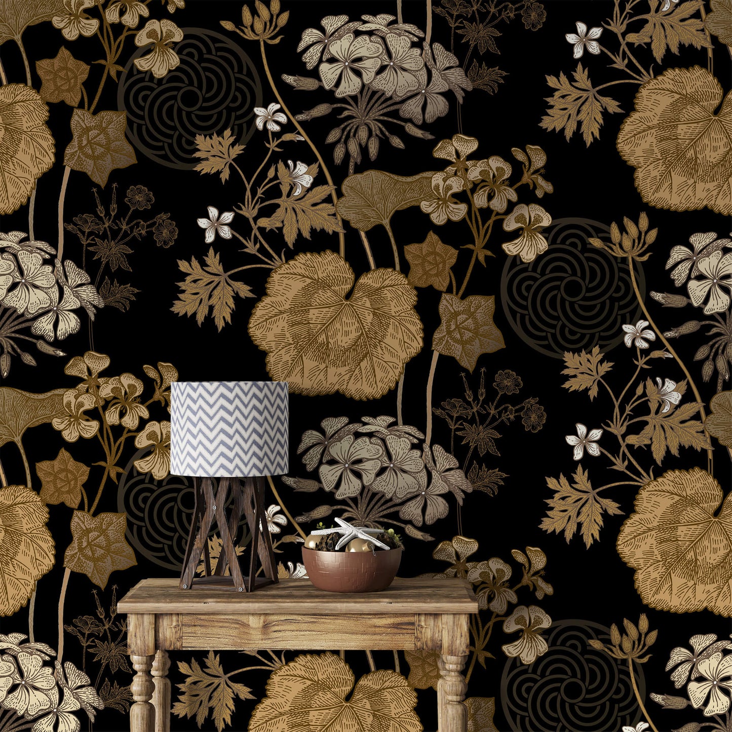 "Golden Creeper Vine Wallpaper: Infuse your space with organic elegance through this captivating design, featuring delicate golden creeper vines that intertwine with grace and beauty, adding a touch of natural sophistication to any room.