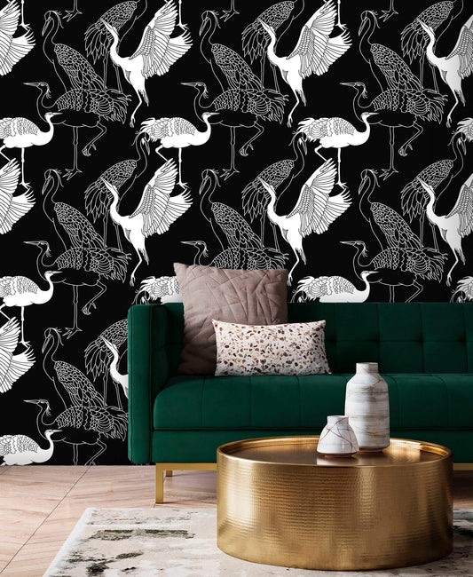 Monochrome Crane Silhouette Wallpaper: Embrace minimalist elegance with this striking design, featuring graceful crane silhouettes against a monochrome backdrop, perfect for adding a touch of sophistication to any room.