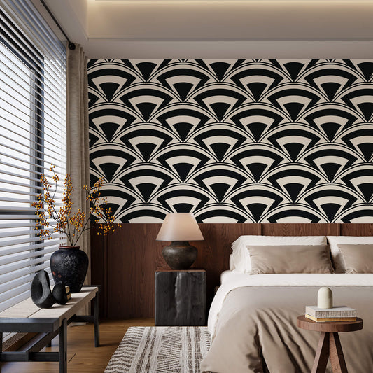 Monochrome Deco Fan Wallpaper: Infuse your space with Art Deco glamour using this sophisticated design, featuring elegant fan motifs in monochrome tones, perfect for creating a chic and stylish ambiance.