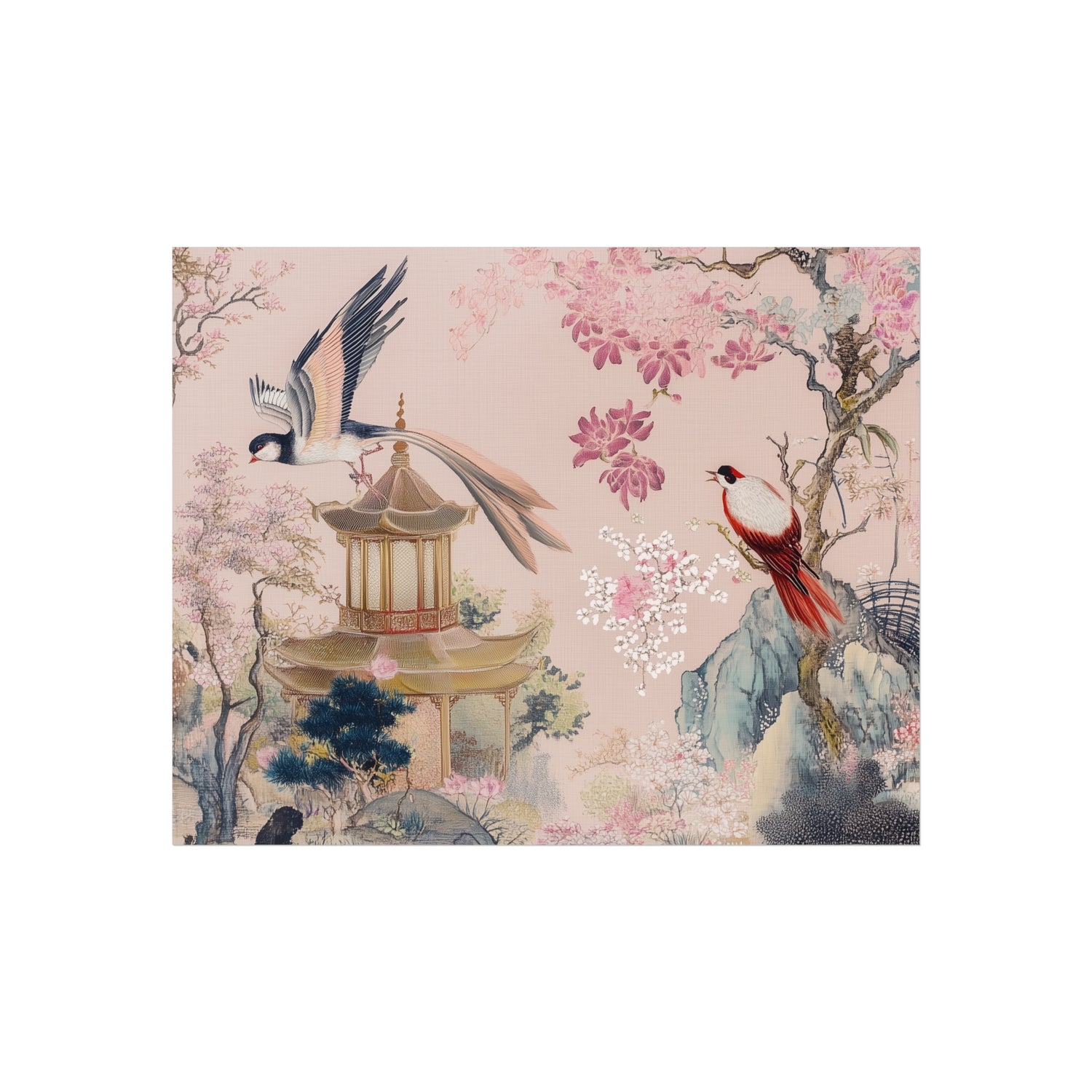 Chinoiserie Birds and Pagoda Fine Art Poster - Pink
