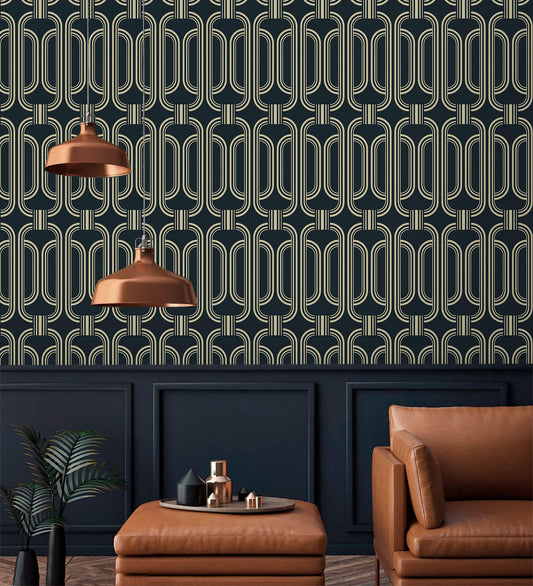 Deco Geometric Repeat Wallpaper: Channel the glamour of the Art Deco era with this striking design, featuring intricate geometric patterns repeating in an elegant motif, perfect for adding a touch of sophistication to any room.