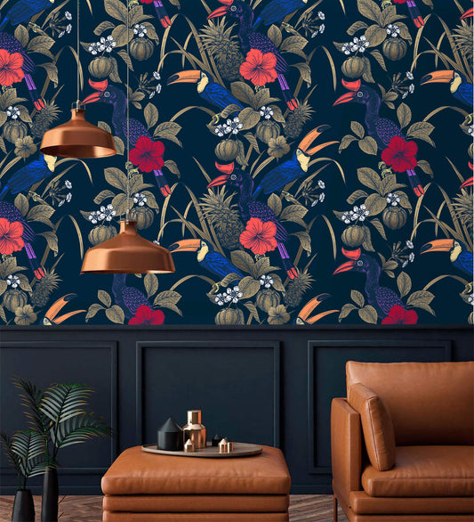 Toucan Jungle Retreat Wallpaper: Create a vibrant escape with this lively design, featuring colorful toucans amidst lush jungle foliage, evoking a sense of tropical paradise and adventure