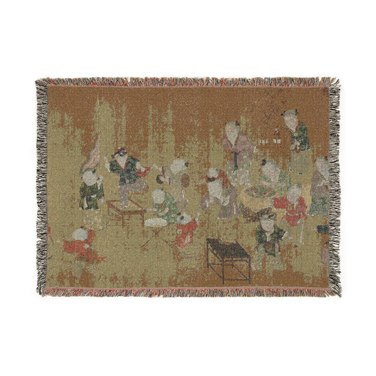 A rectangular woven throw blanket with fringed edges, featuring a vintage-style illustration of figures in traditional clothing in muted earthy tones.