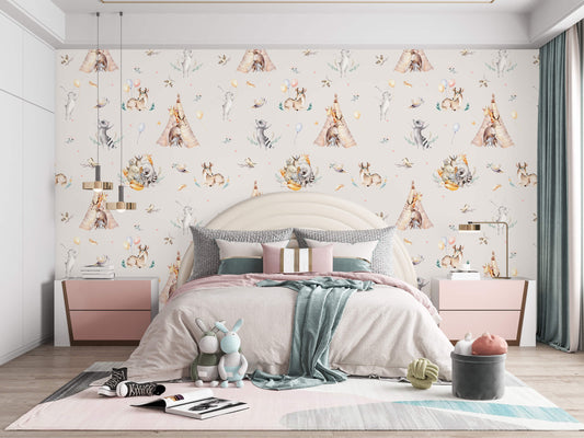 Kids Animal Camp Wallpaper: Transform your child's room into a whimsical safari adventure with this playful design, featuring adorable animal characters amidst a lush jungle backdrop
