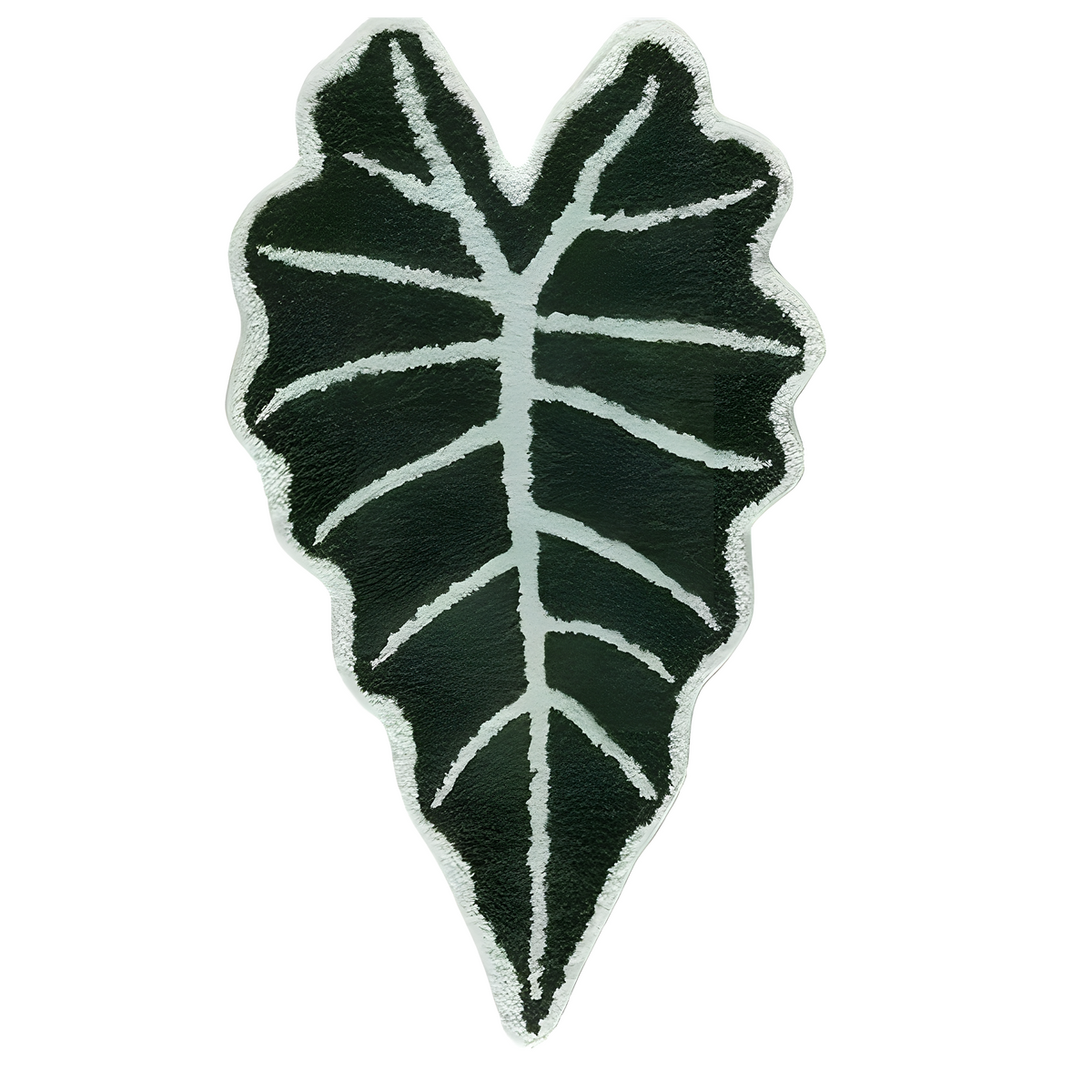 Black and white leaf-shaped rug on a white background
