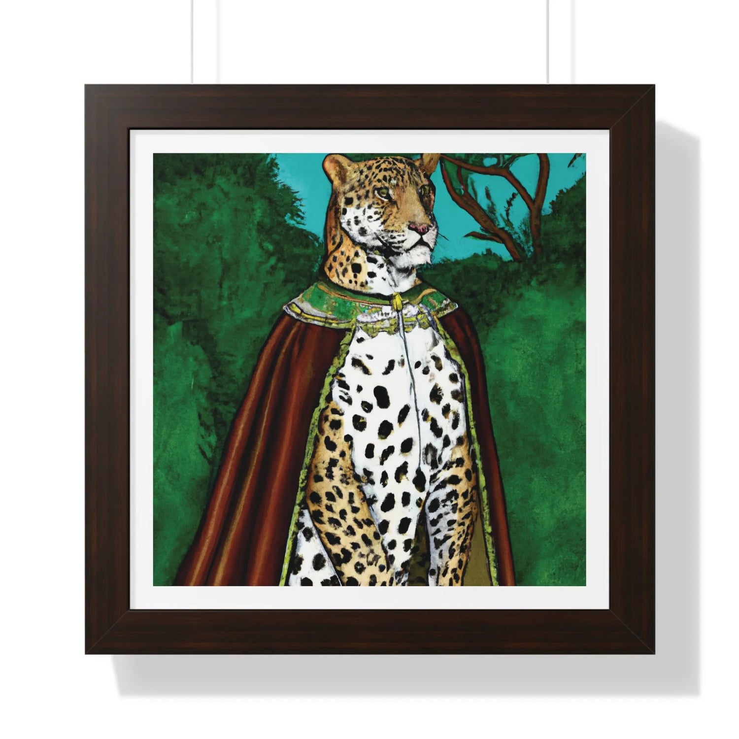 Leopard in Red Robe Framed Poster Wall Art 16″ x 16″ Walnut