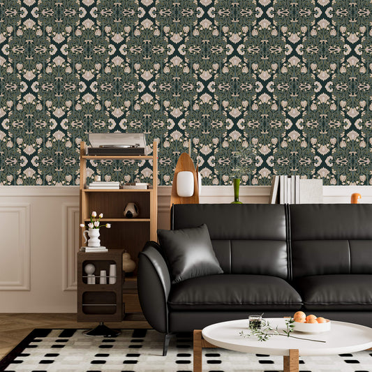 Intricate Floral Block Print Wallpaper: Add a touch of artisanal charm to your space with this exquisite design, featuring intricate floral patterns inspired by traditional block printing techniques.