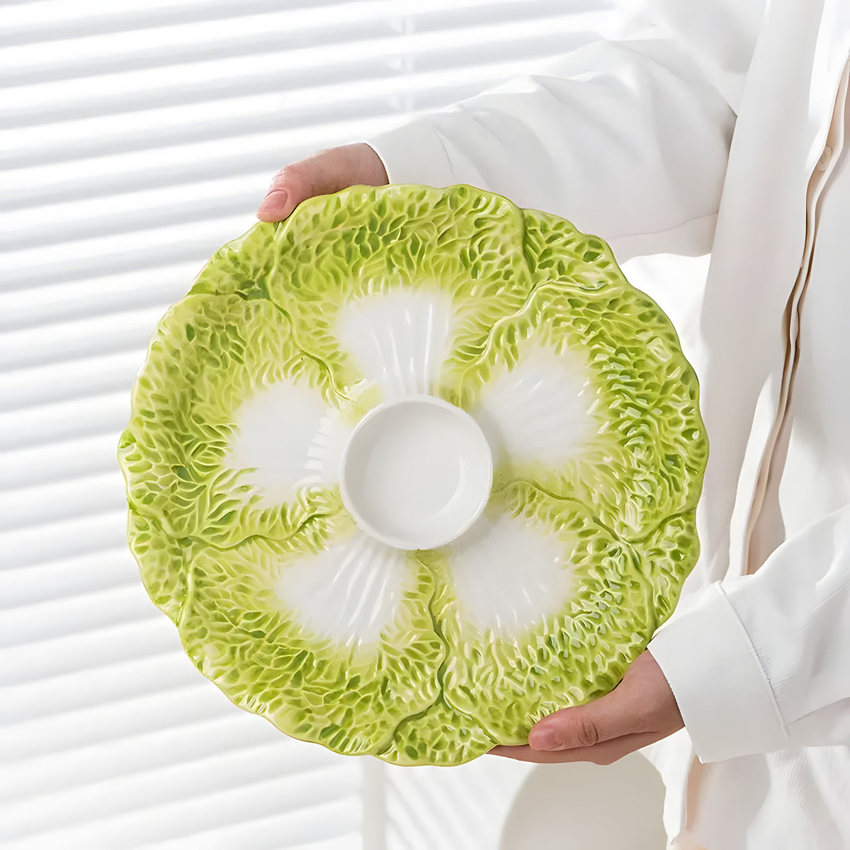 Cabbage Leaf Ceramic Serving Dish with Dip Bowl
