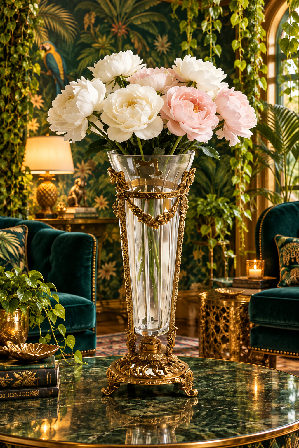 European Crystal Glass & Brass Flower Vase