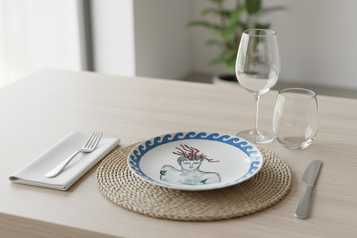 A ceramic dinner plate with a blue and green illustration of a figure, styled on a woven placemat with a white napkin, fork, knife, a wine glass, and a tumbler on a light wood table.
