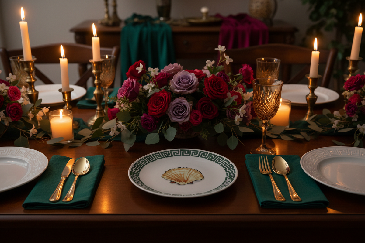 A beautifully set dining table with teal napkins, white plates, gold cutlery, lit candles, and a floral centerpiece in deep red, purple, and pink roses with green eucalyptus leaves.