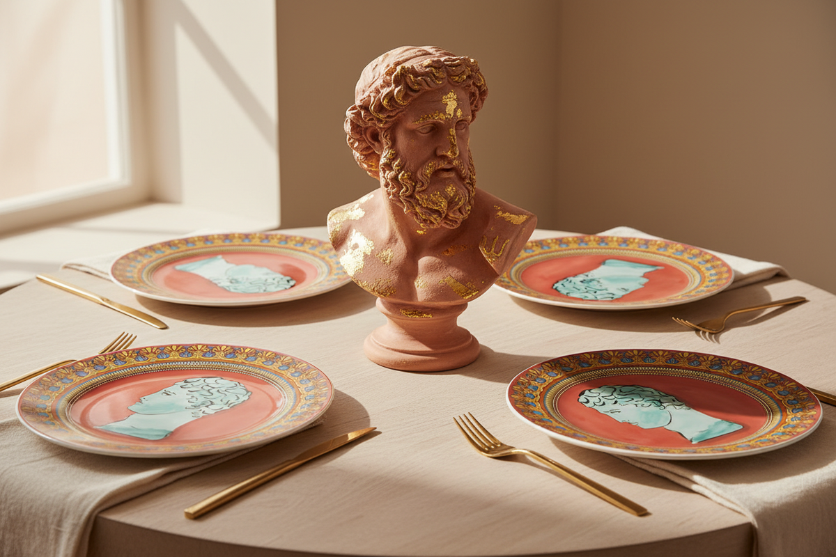A styled dining table setting featuring four matching decorative plates with a classical bust centerpiece, gold flatware, and a beige tablecloth in warm natural light.