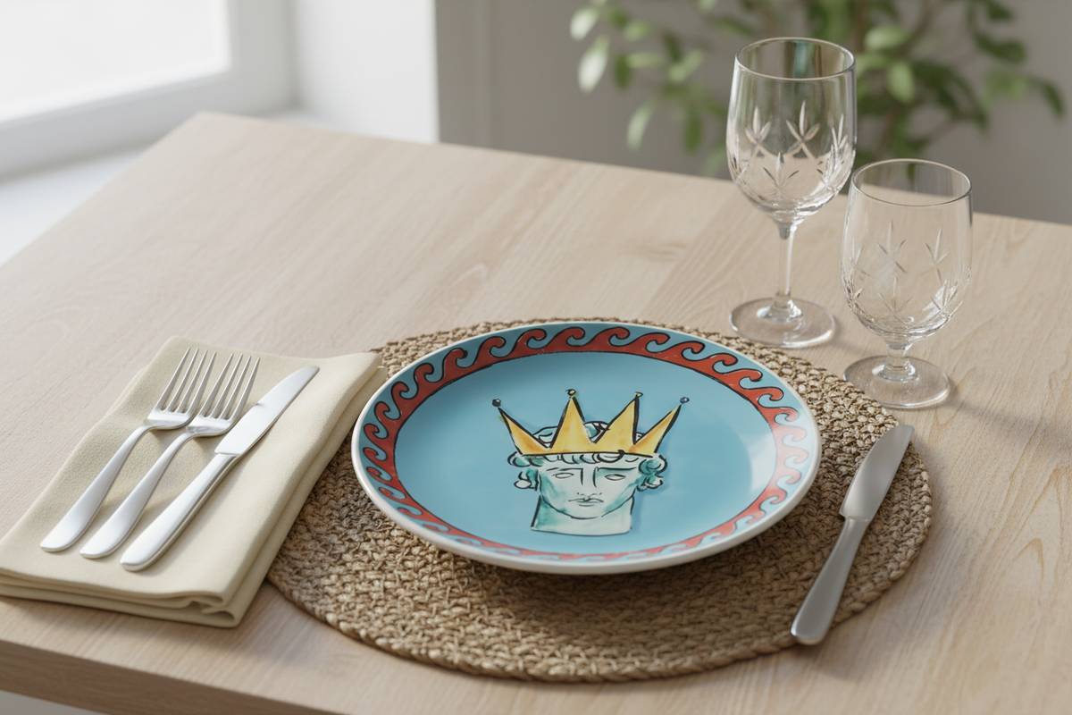 A ceramic plate with a light blue background and a stylized Statue of Liberty face under a gold crown, decorated with red and blue wavy borders, set on a woven placemat on a light wood table with cutlery and wine glasses.