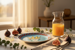 A styled tabletop scene with a glass carafe of orange juice beside a decorative plate, surrounded by figs, eucalyptus leaves, and a folded cloth in a softly lit interior.