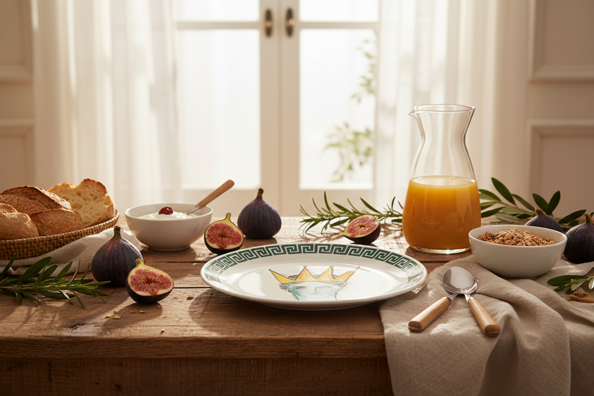 A styled breakfast table scene with a white ceramic plate featuring a gold crown and green Greek key border, set on a wooden table with bread, figs, a pitcher of orange juice, and other dining props in a bright room.
