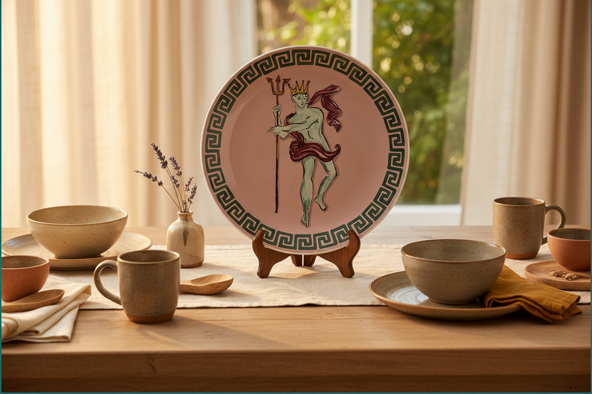 A decorative ceramic plate displayed on a wooden table stand, surrounded by matching beige ceramic bowls, mugs, and plates in a warm, sunlit dining setting.