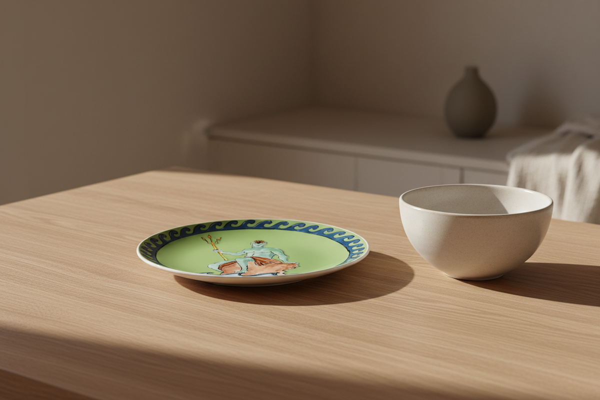 A ceramic plate with a light green center and blue patterned rim sits on a light wood table next to a plain white bowl in a softly lit interior setting.