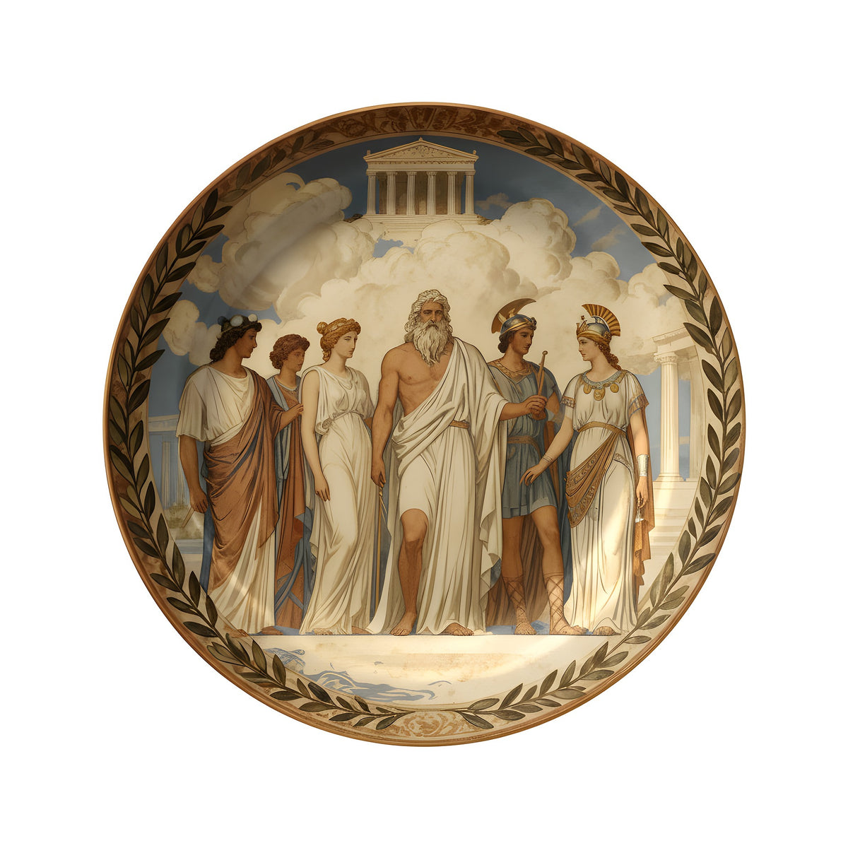 Decorative plate with classical scene of people and architecture on a dark background