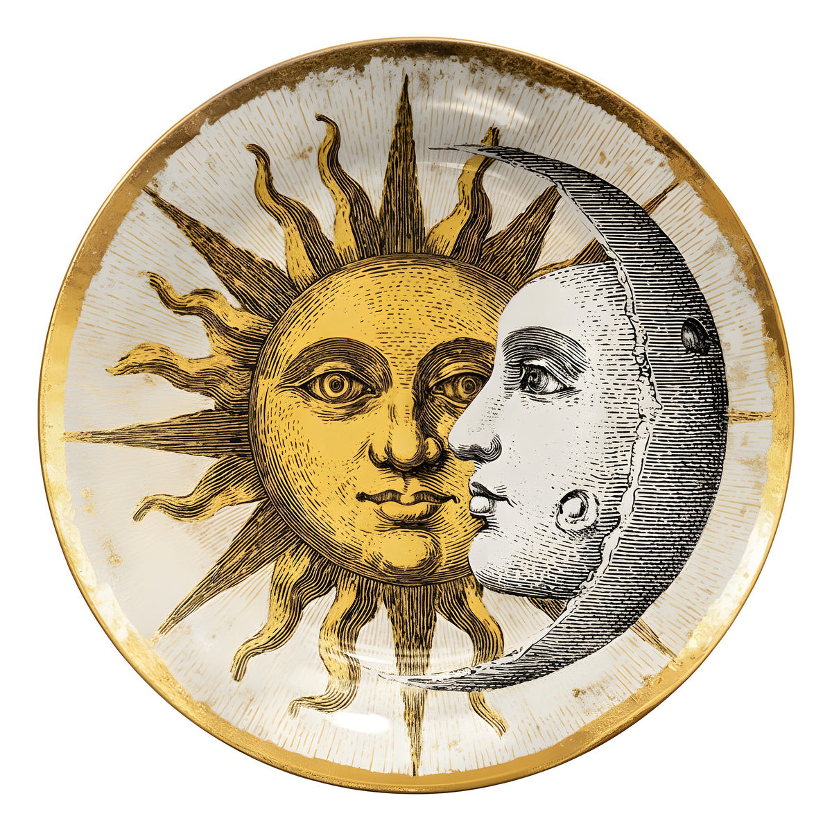 Medallion with sun and moon faces on a textured surface