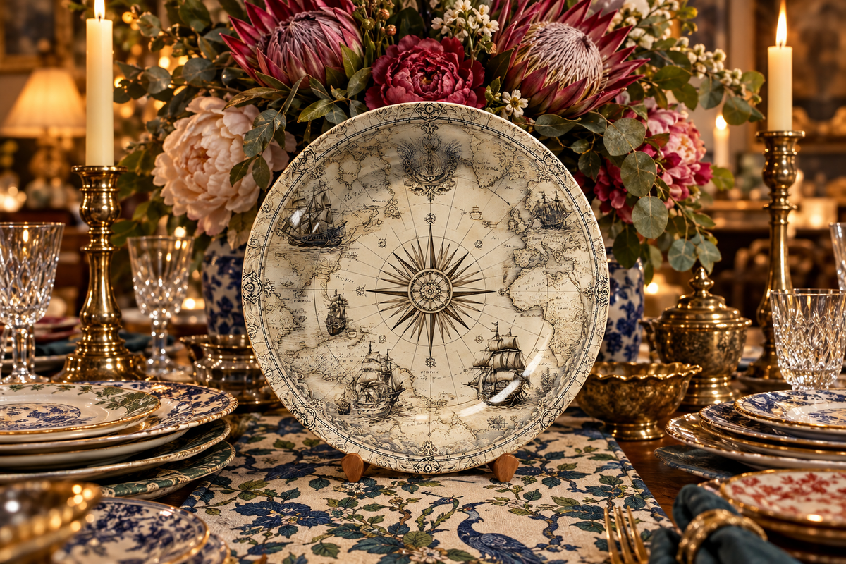 Nautical Map & Compass Rose Decorative Ceramic Plate