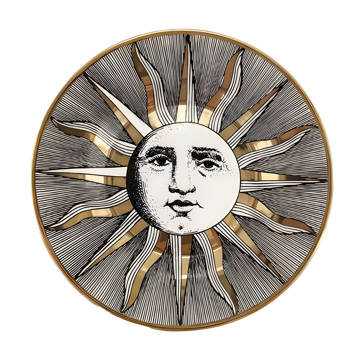 A circular decorative wall mirror featuring a sun and moon illustration with a human face, in black, white, and gold tones, set against a plain white background.