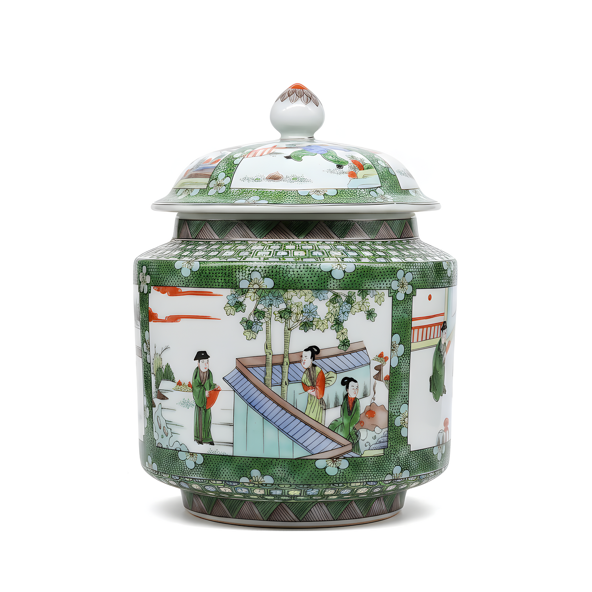 Decorative ceramic jar with lid featuring colorful scenes and figures on a white background