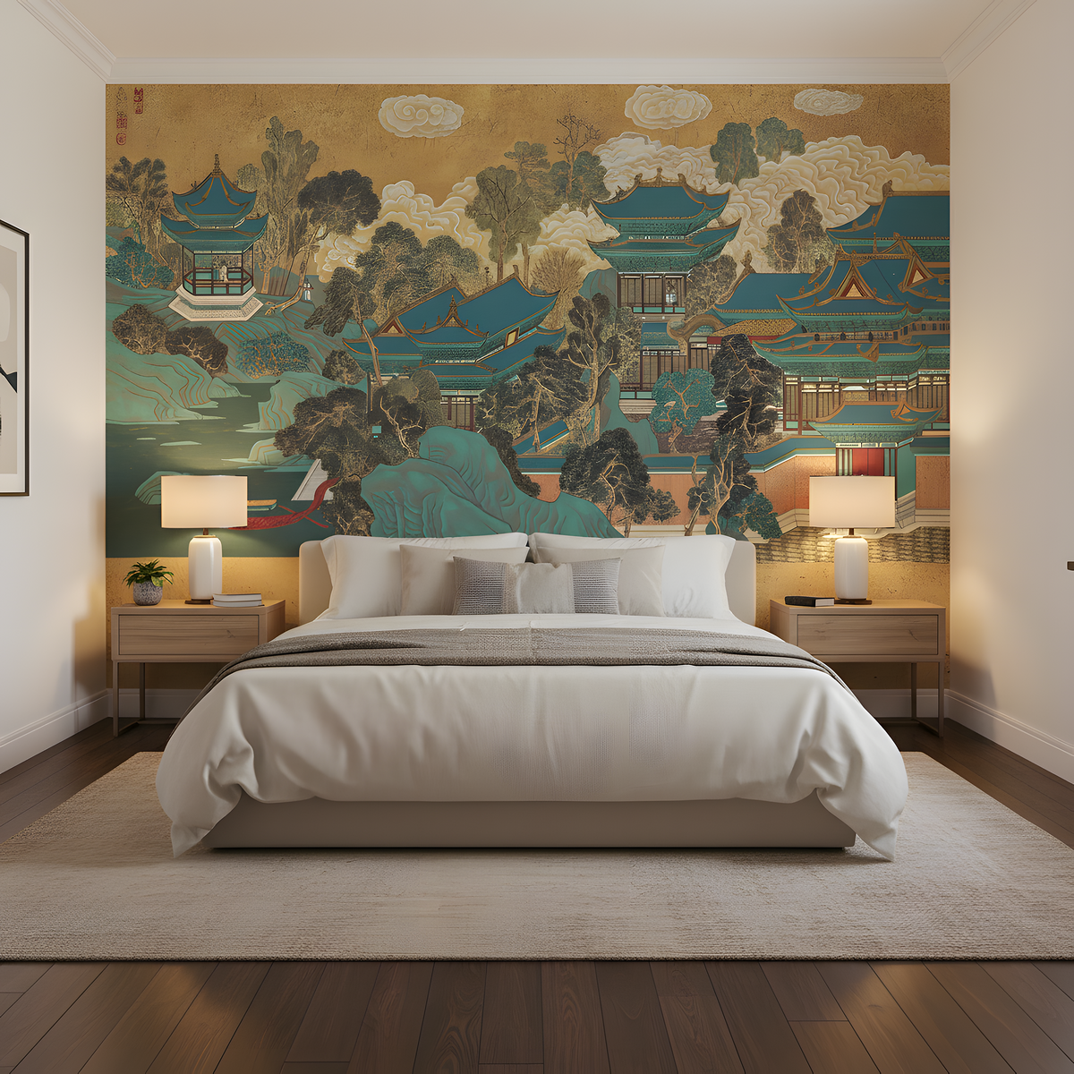 Modern bedroom with a large wall mural of a landscape scene.