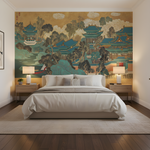 Modern bedroom with a large wall mural of a landscape scene.