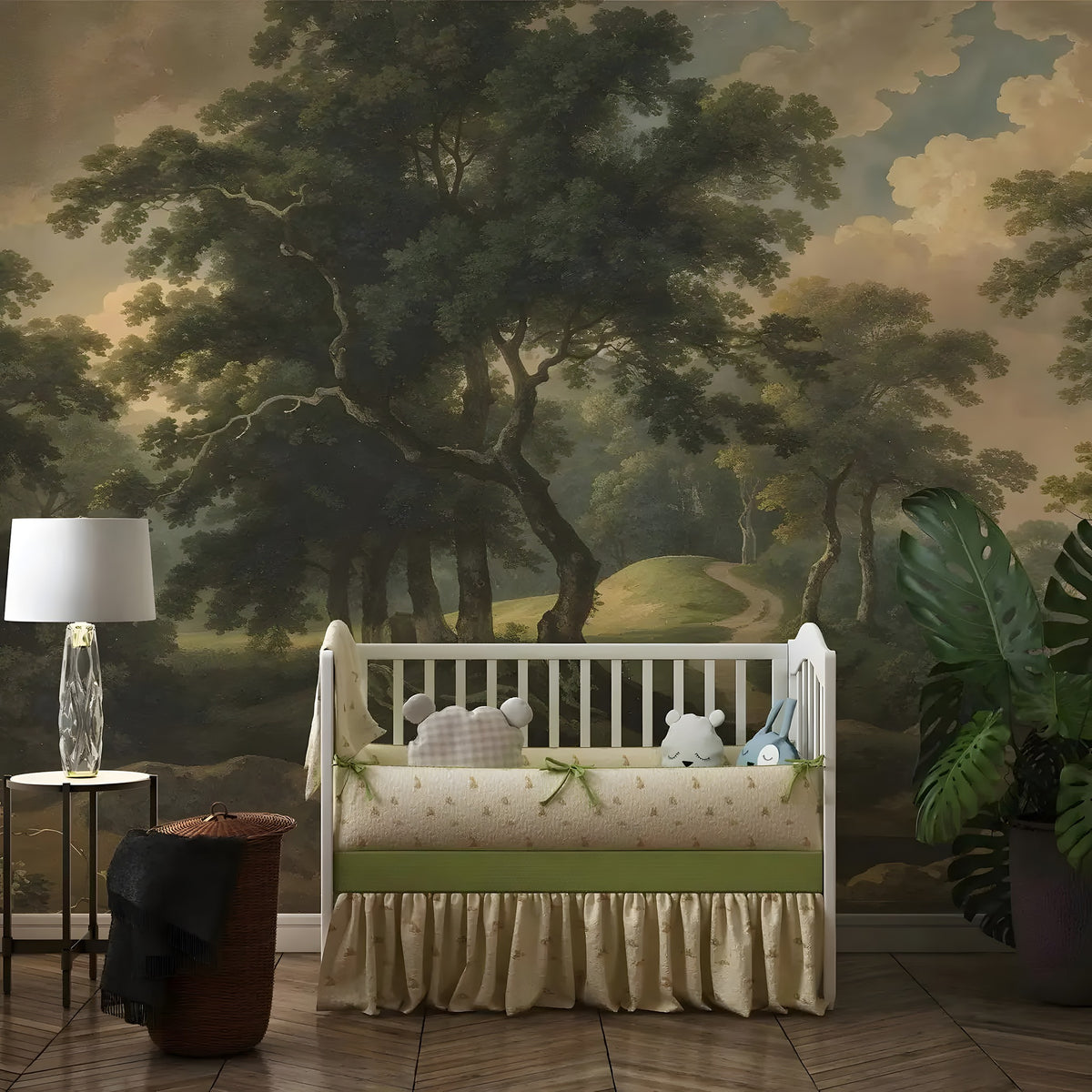 Children's room with a crib against a scenic wall mural