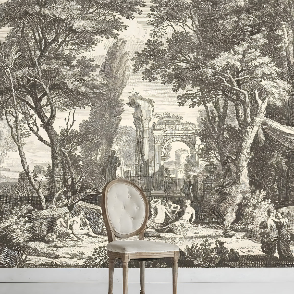 Decorative wallpaper with classical scene featuring ruins and figures, with a chair in front.