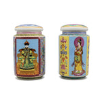 Two colorful ceramic jars with traditional Chinese designs on a gray background