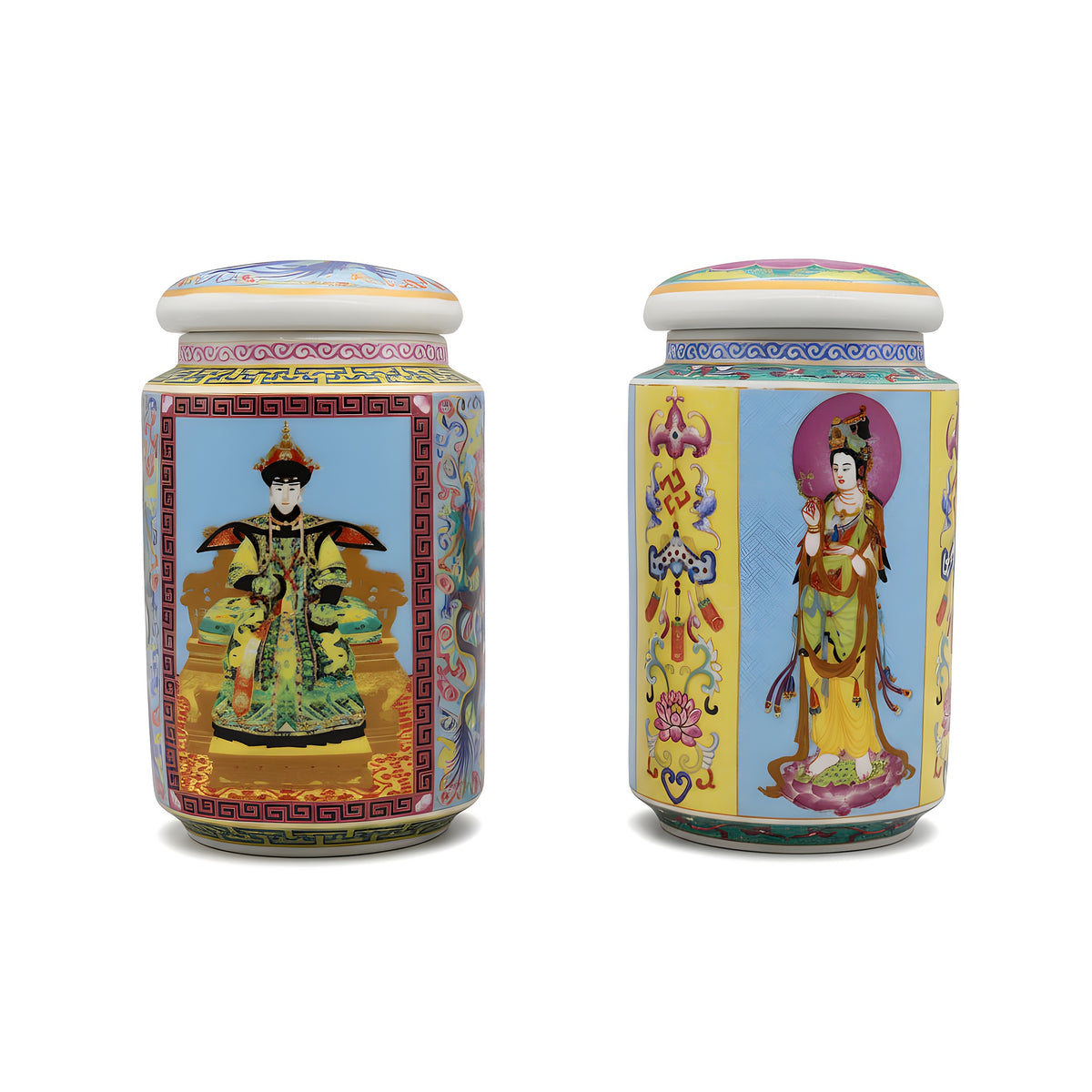 Two colorful ceramic jars with traditional Chinese designs on a gray background