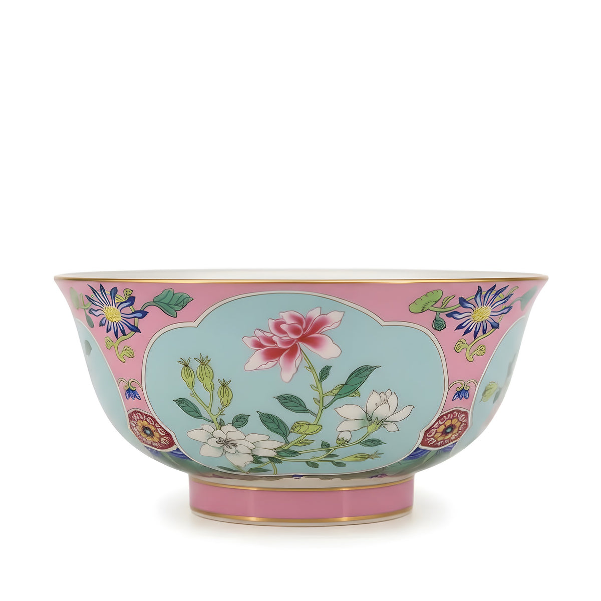 Decorative ceramic bowl with floral patterns on a gray background