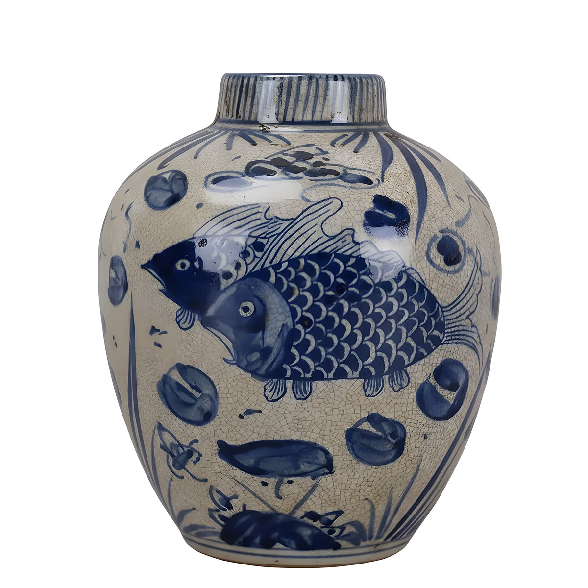 Ceramic jar with blue fish design on a gray background