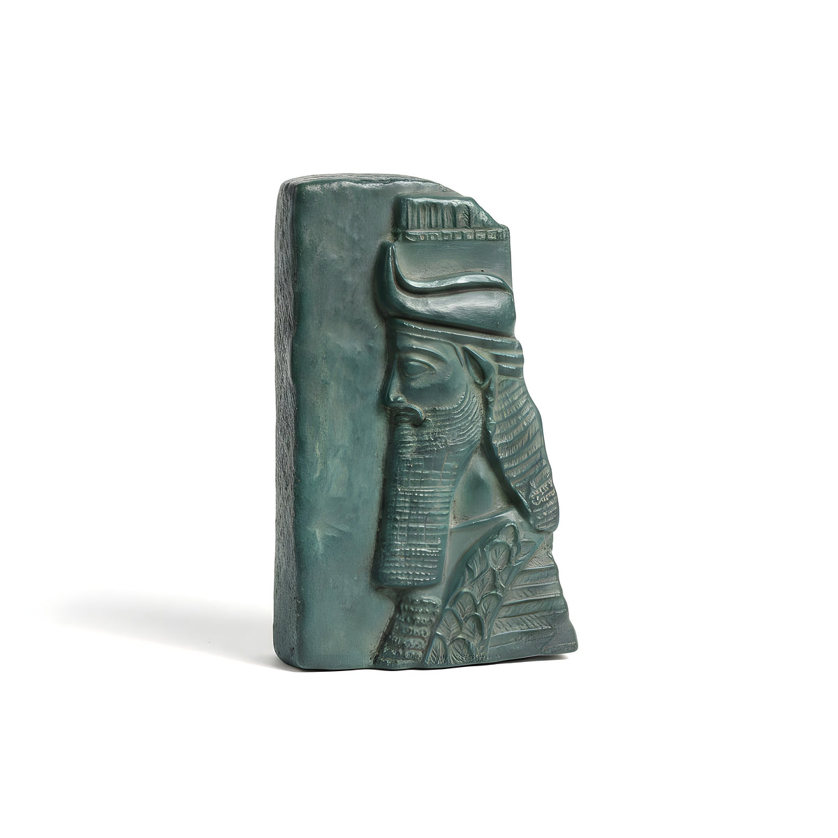 Bronze statue of a pharaoh with a headdress on a white background