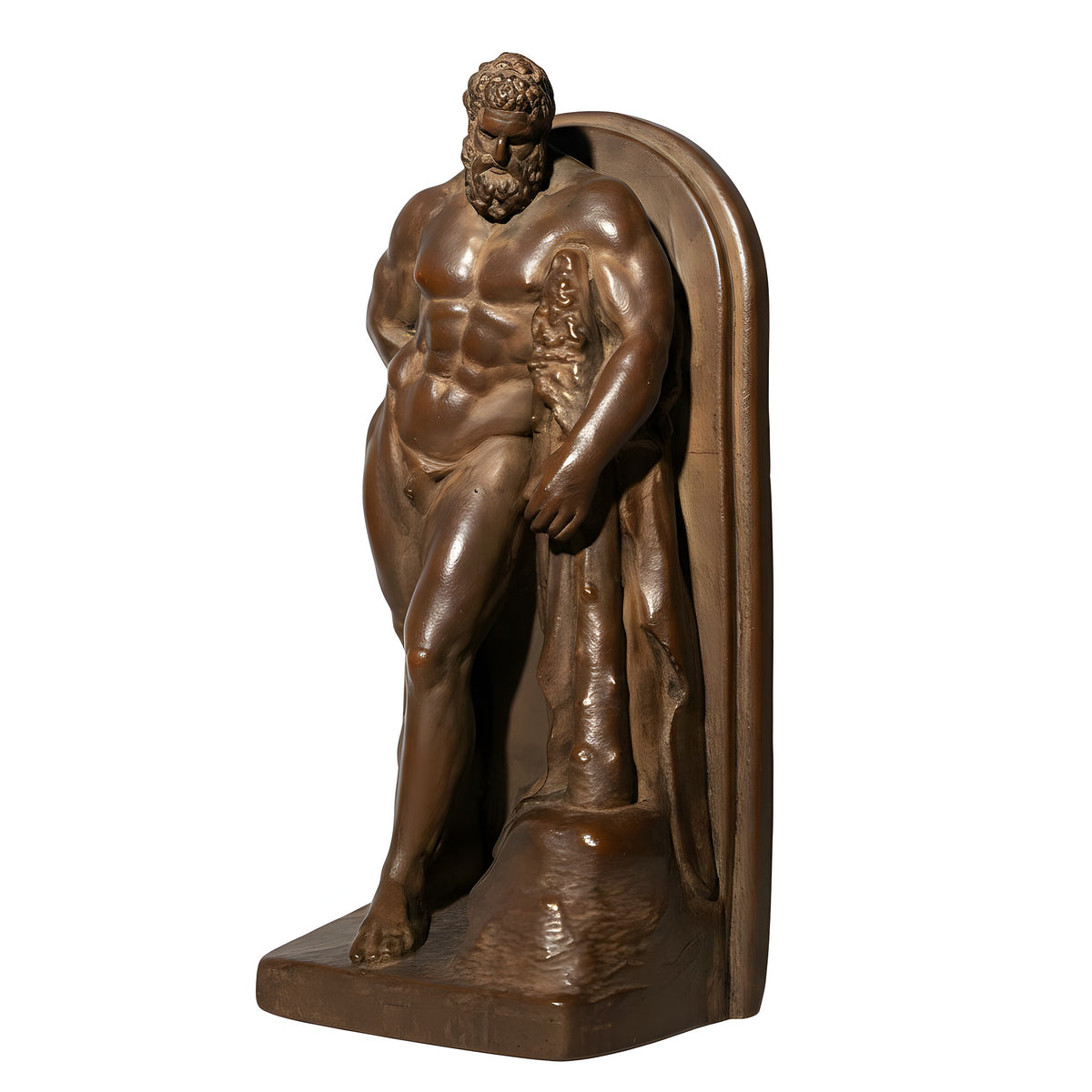 Bronze statue of a muscular figure on a plain background