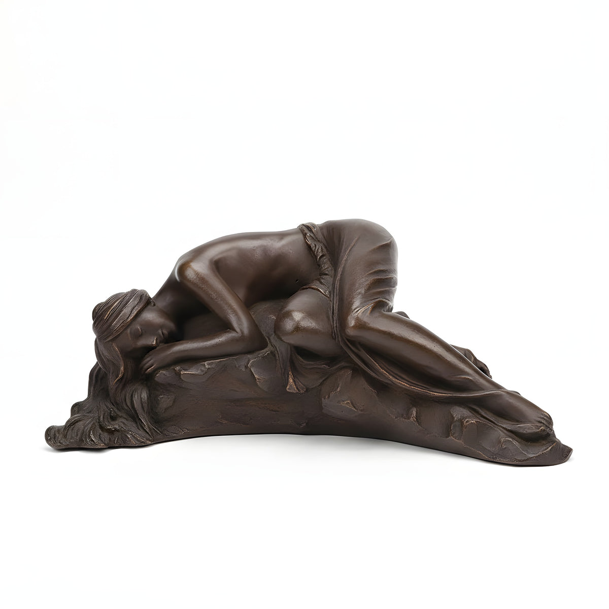 Bronze sculpture of a reclining figure on a gray background