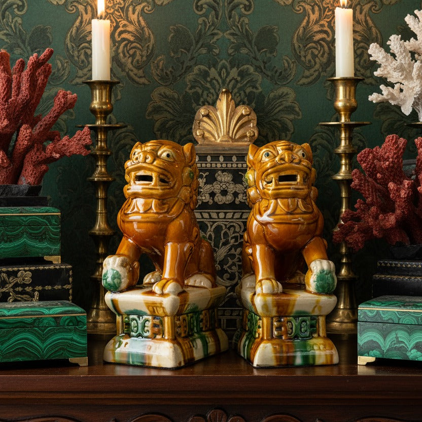 Sancai Ceramic Foo Dogs — Pair of Tang-Style Guardian Lions styled in a room setting