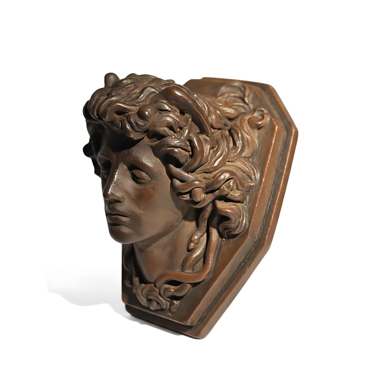 Bronze head sculpture on a neutral background