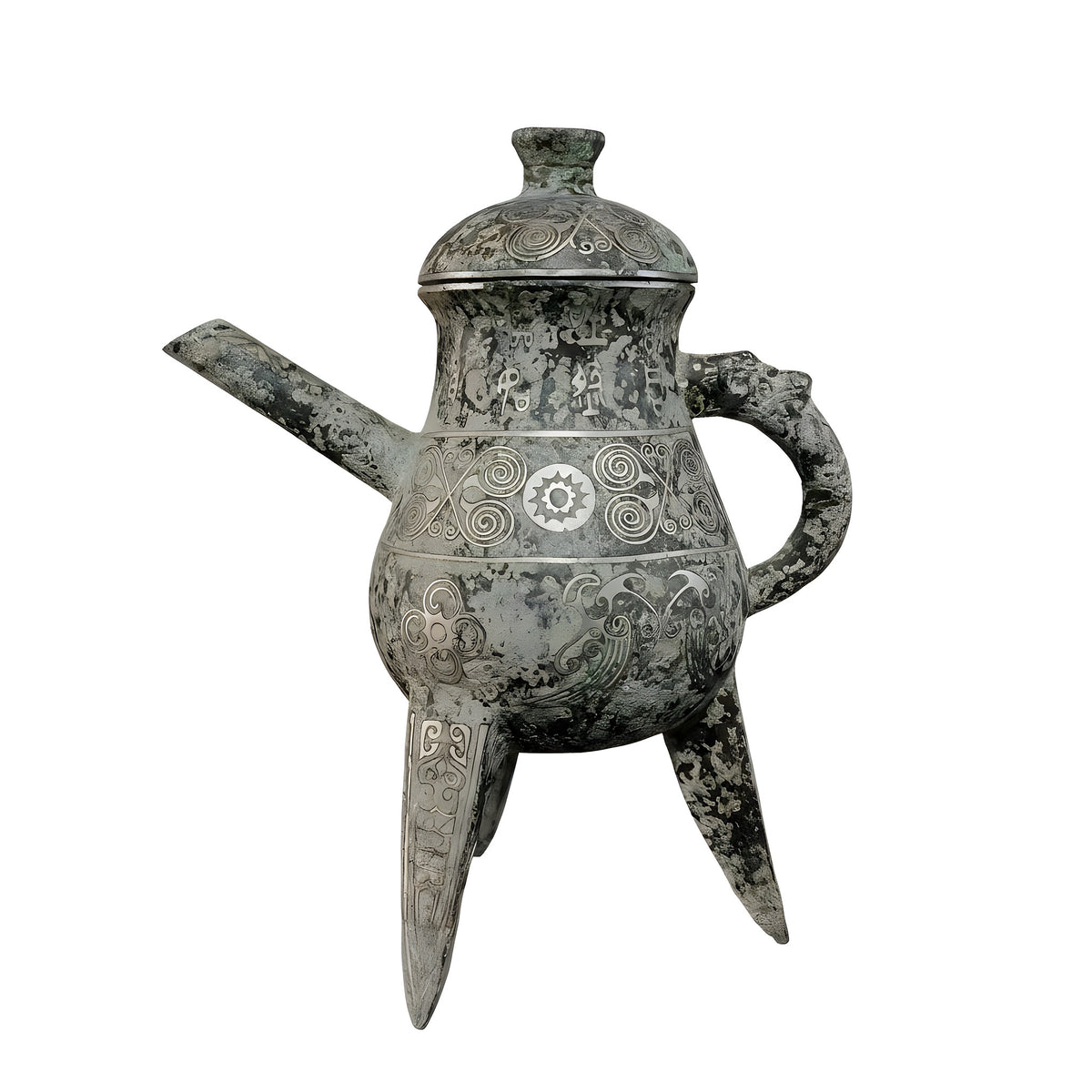 Bronze teapot with intricate designs on a black background