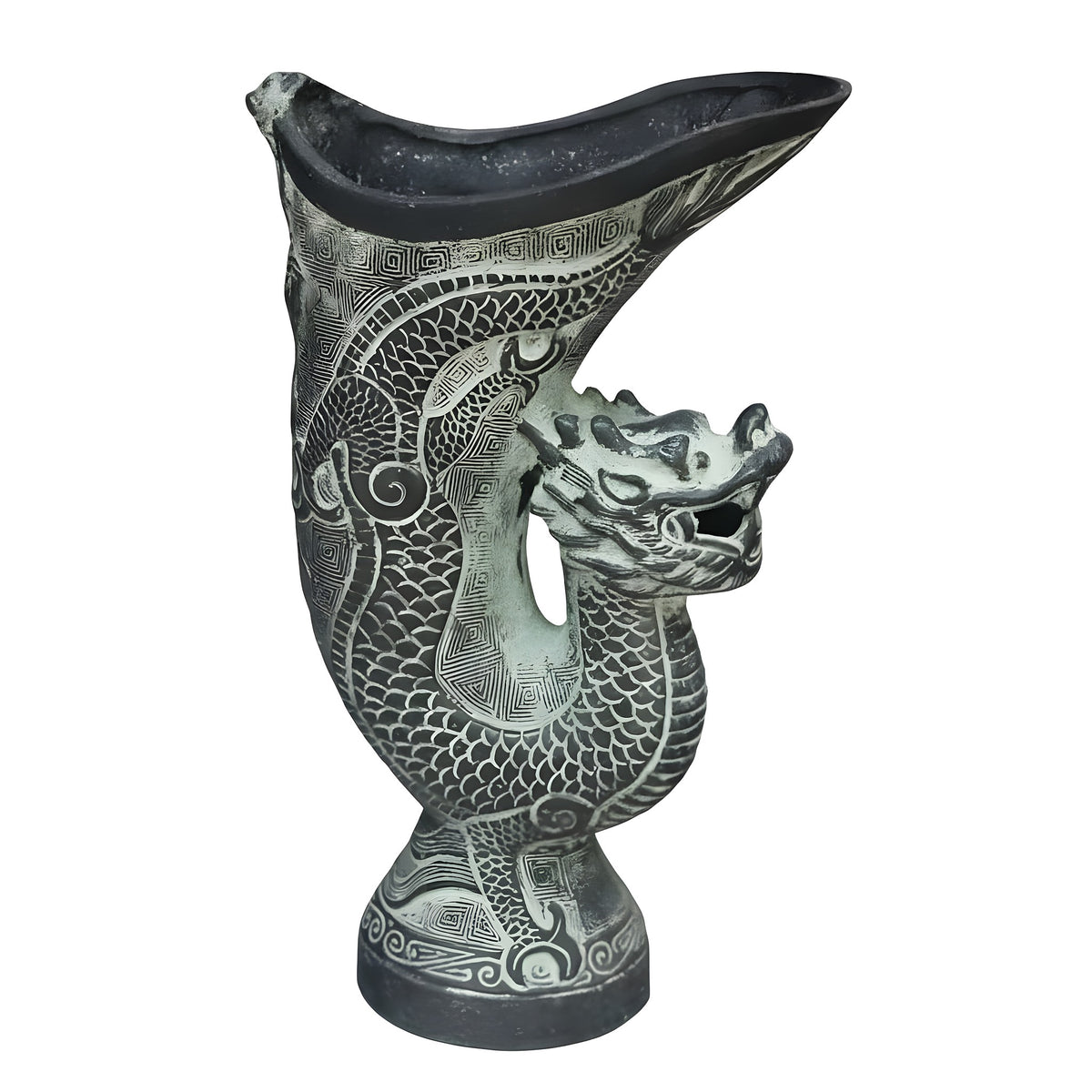 Decorative vase with dragon design on a gray background