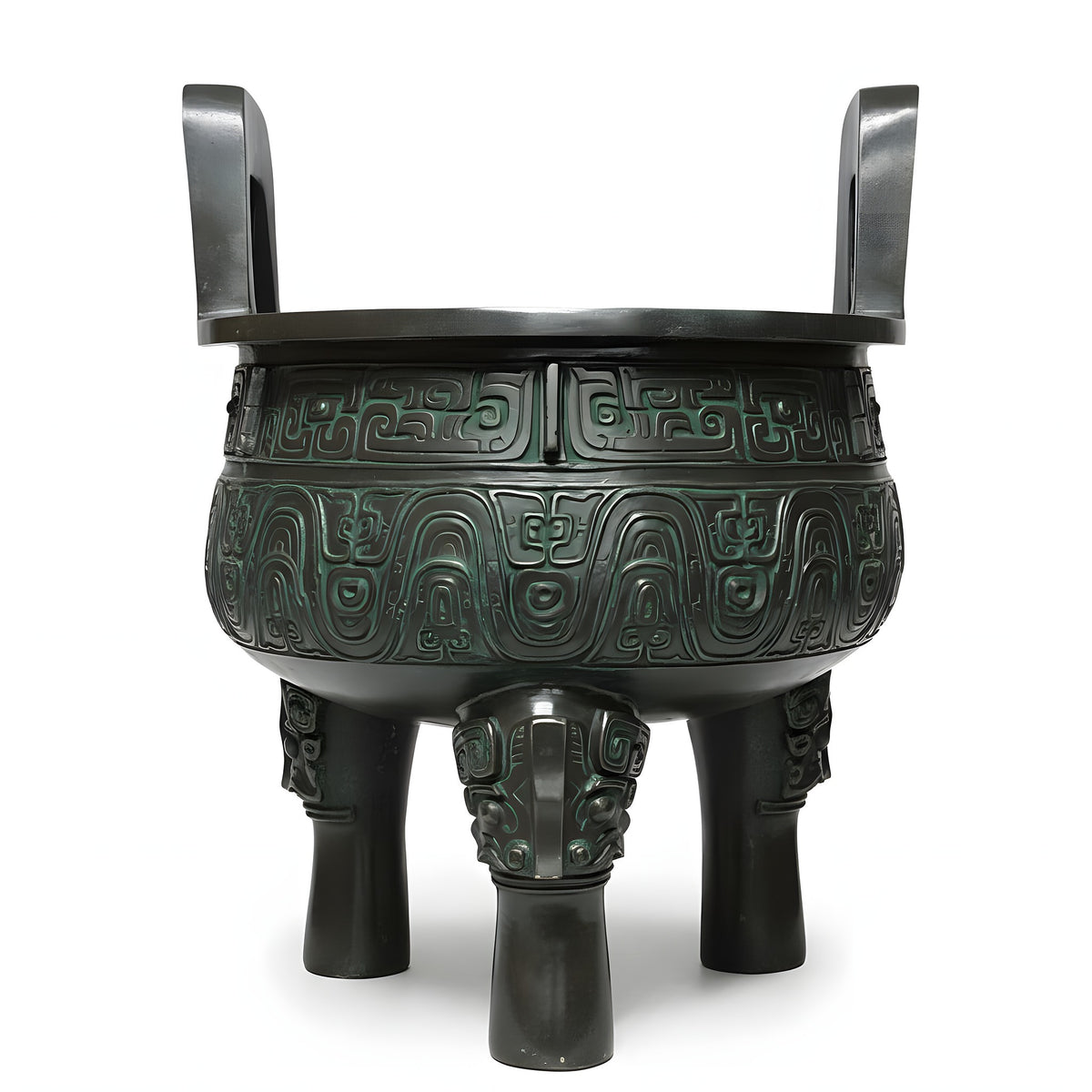 Bronze tripod cauldron with intricate designs on a wooden stand against a gray background.