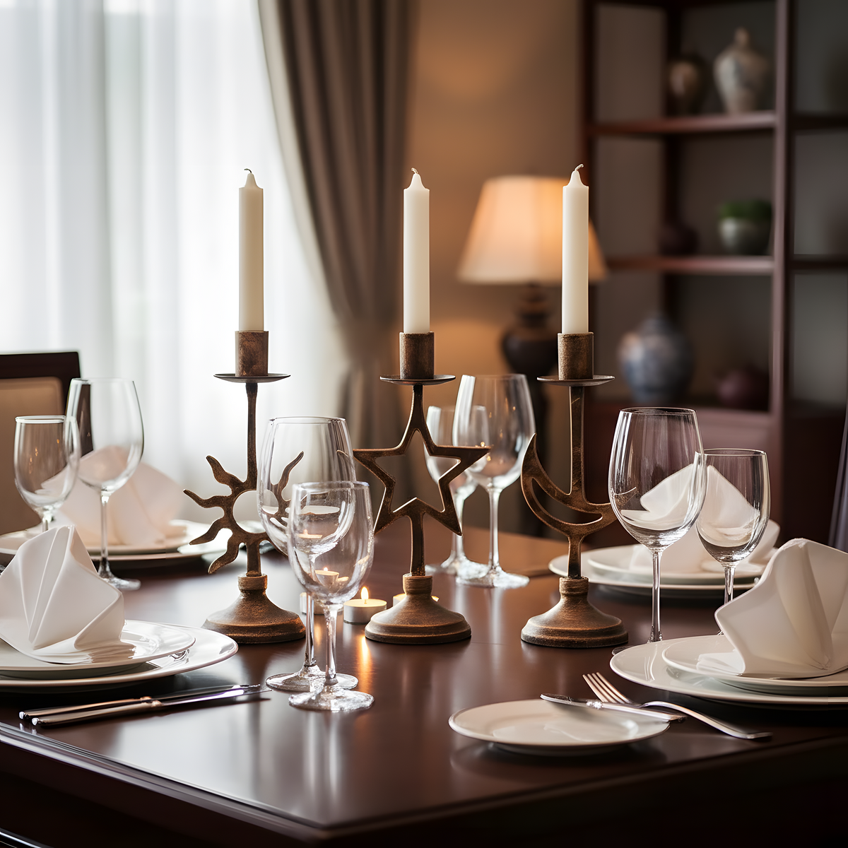 Elegant dining table setting with candles, glasses, and cutlery in a warm-toned room.