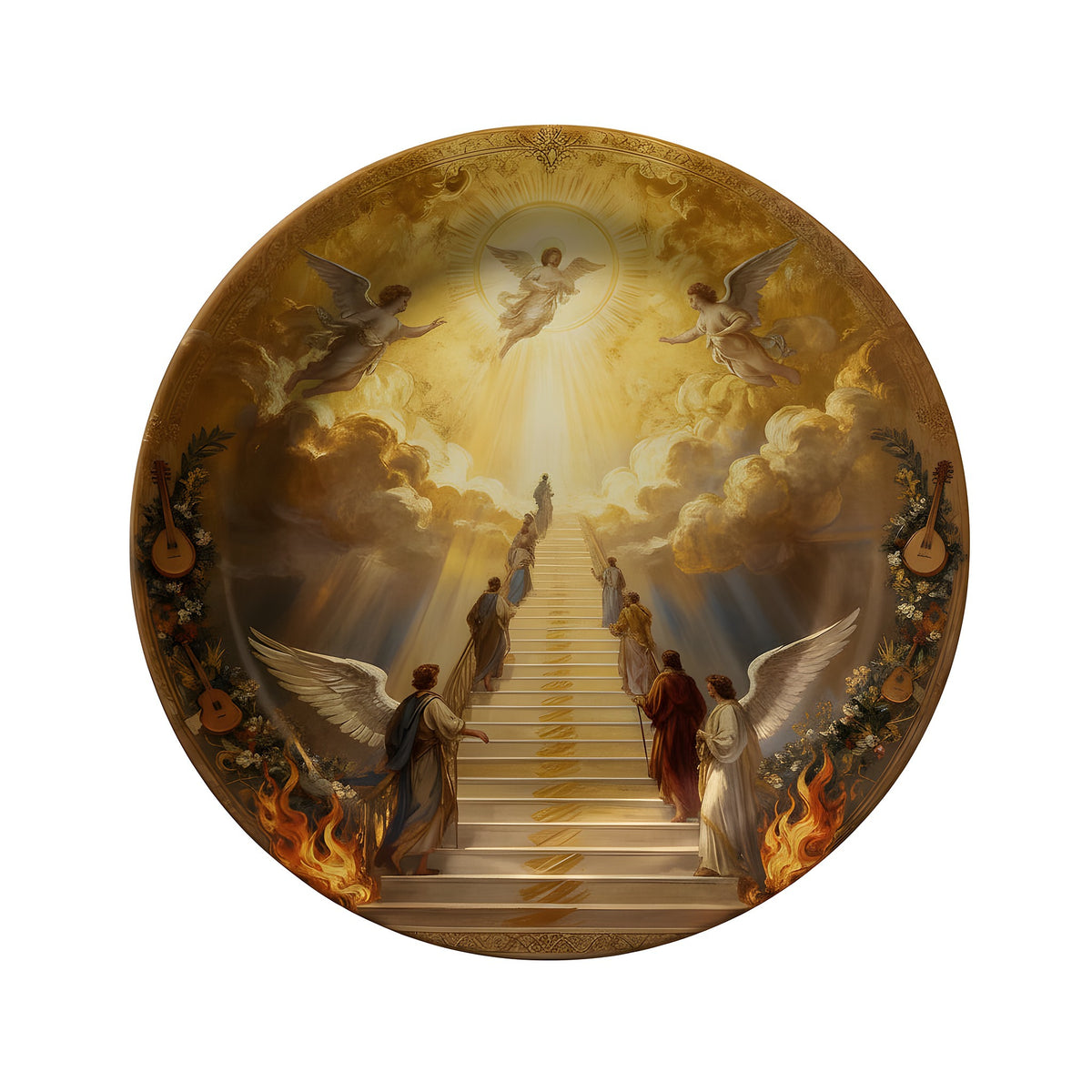 Decorative plate with angelic design on a dark background