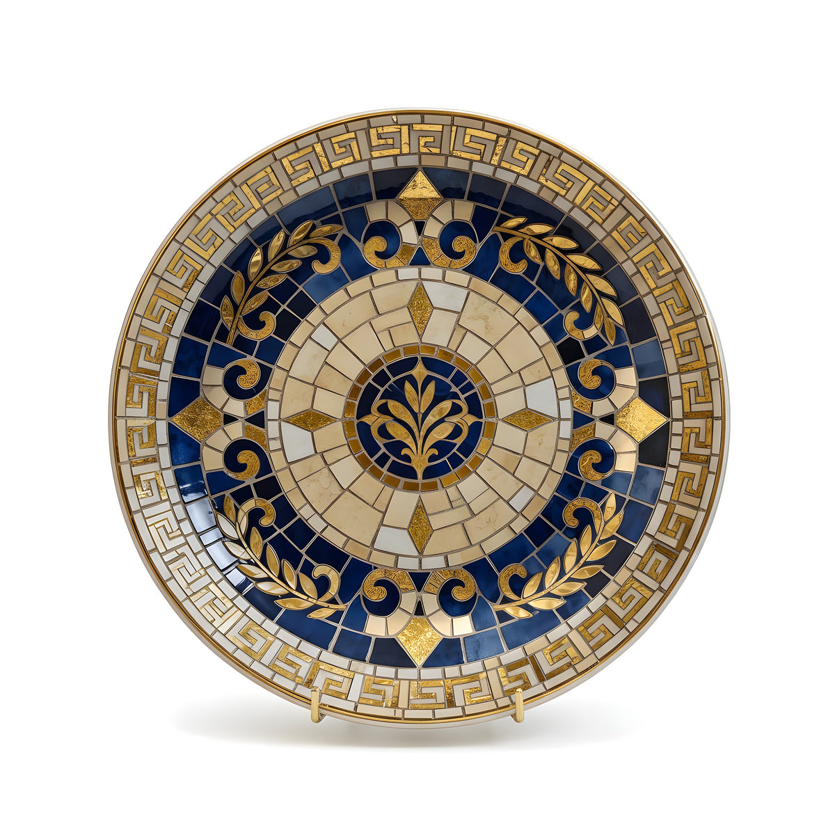 Decorative mosaic plate with blue and gold patterns on a dark background