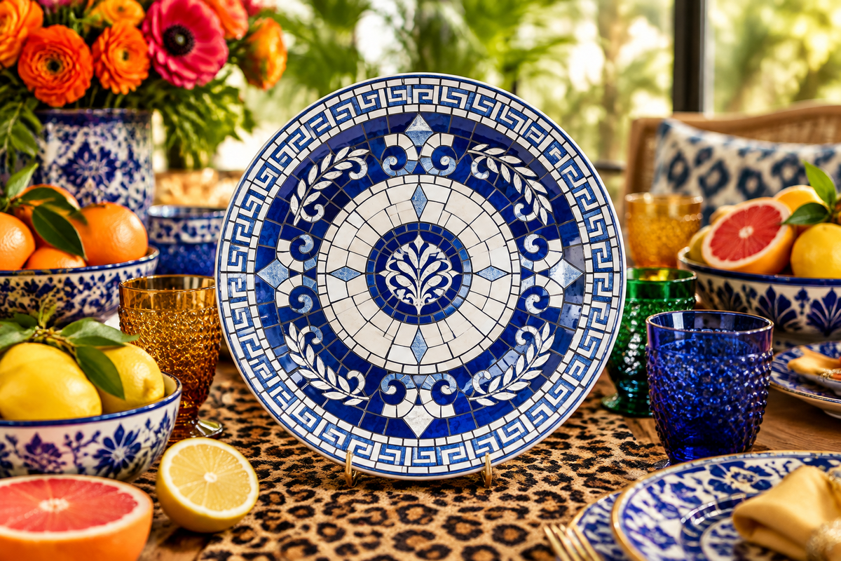 Plato de pared de cerámica con mosaico geométrico azul y blanco